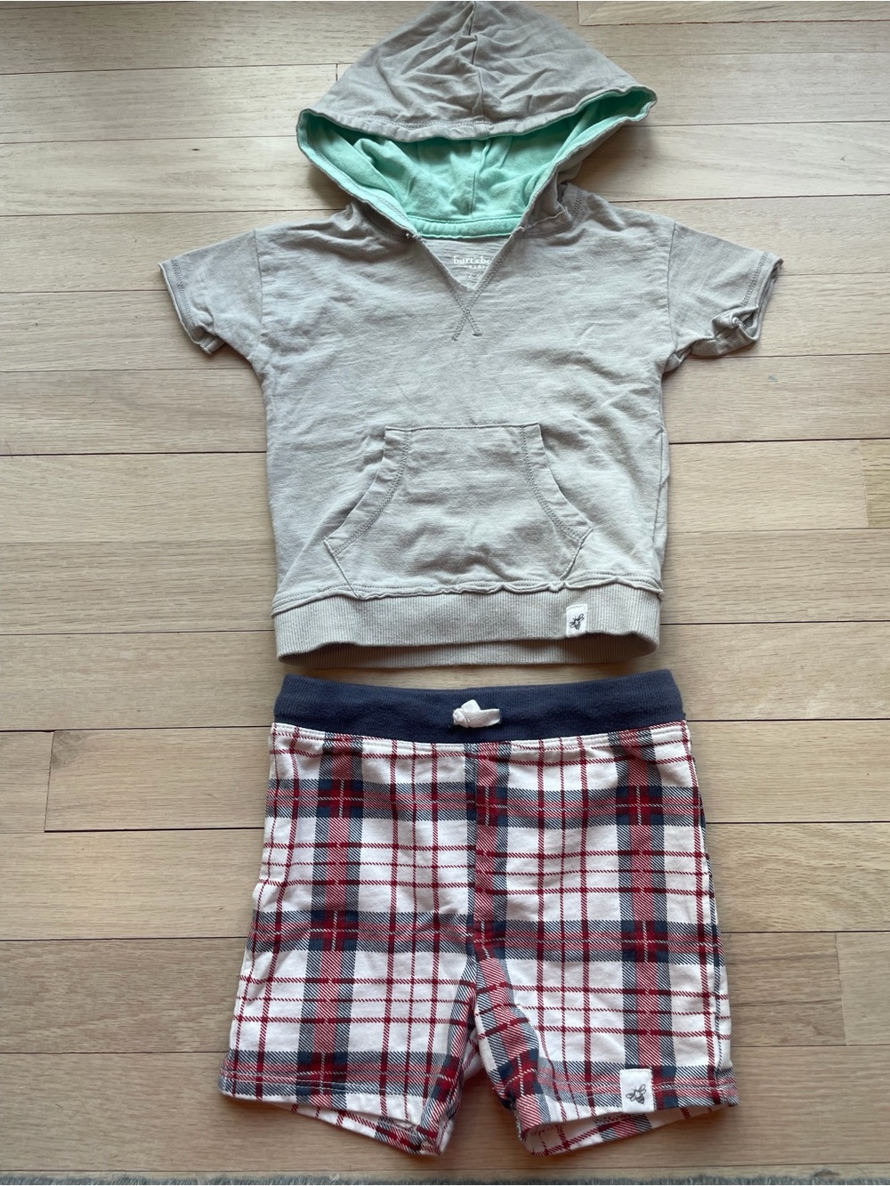 Burt's Bees Baby gray hoodie with plaid drawstring shorts
